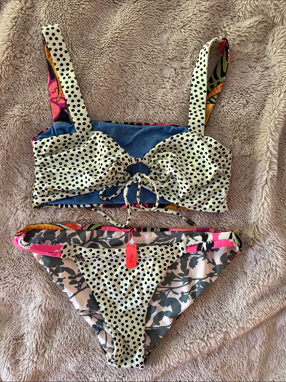 Maaji Polka Dot & Floral Reversible Bikini - Cream, Black, Pink, Blue